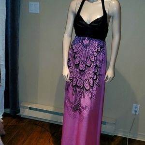 BEBE 100% Silk Halter Beaded Evening Gown Black and Mauve Embellished